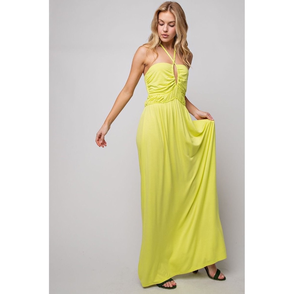 EASEL‎ Lime Yellow Halter Neck Maxi Dress Ruched Smocked Back Size Medium